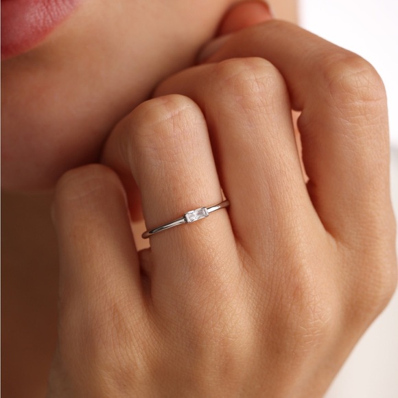 Minimalist Emerald Cut Gem Rectangle Sterling Silver Stacking Ring - Picture 4 of 15